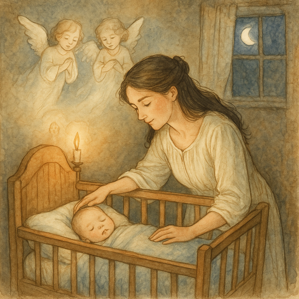 A mother watches over her sleeping baby as angels hover above in the poem Oh, Little Child.