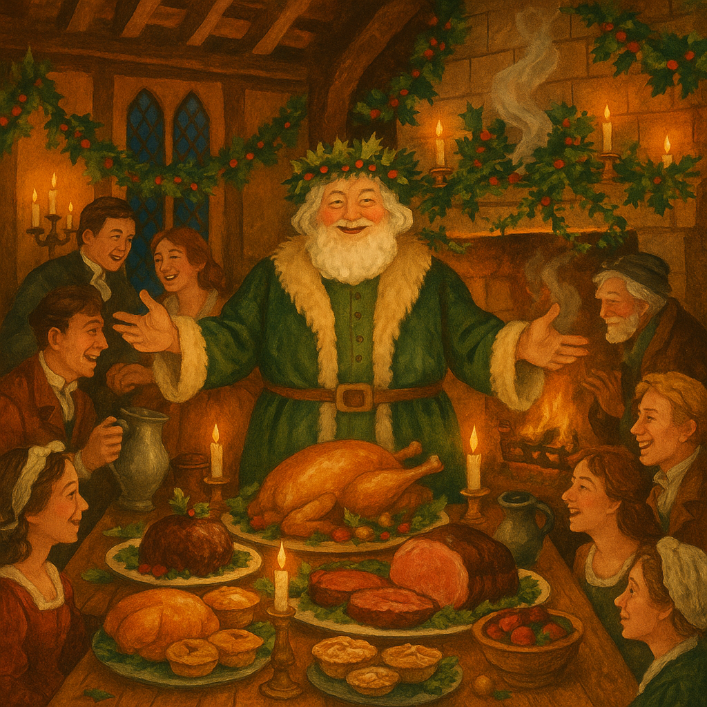 The jovial figure of Old Christmas presides over a festive banquet hall in "Old Christmas Returned."