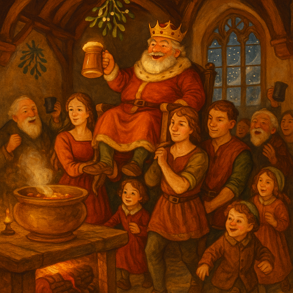 A jovial Christmas king carried in triumph beneath mistletoe in an old English hall — Old English Christmas poem