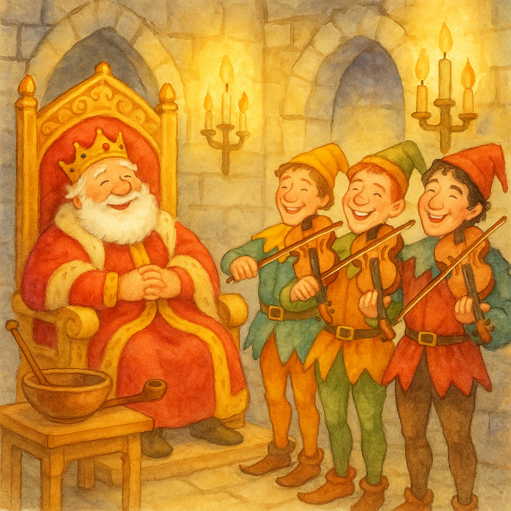 Old King Cole sits on his throne as three fiddlers play their fiddles in this nursery rhyme illustration.