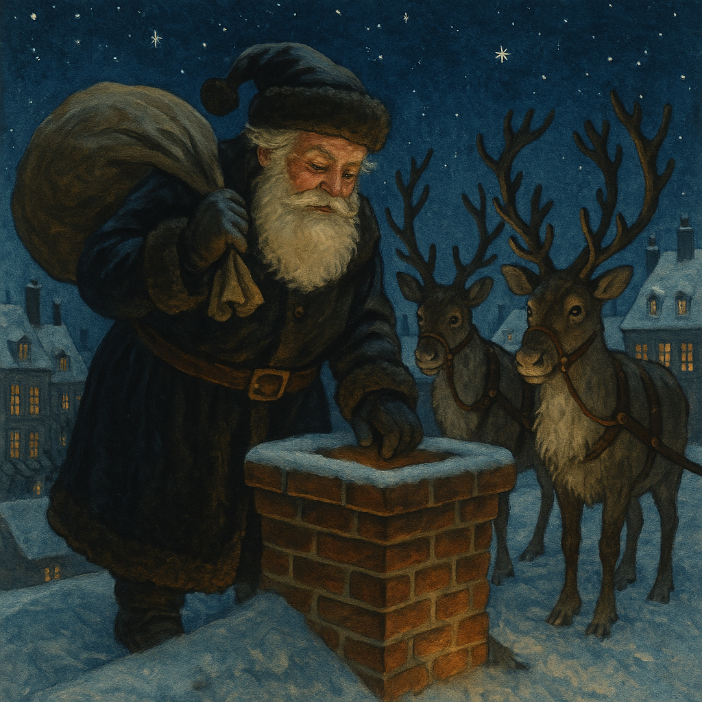Old Santeclaus with his reindeer on a snowy rooftop at night — illustration for the poem Old Santeclaus