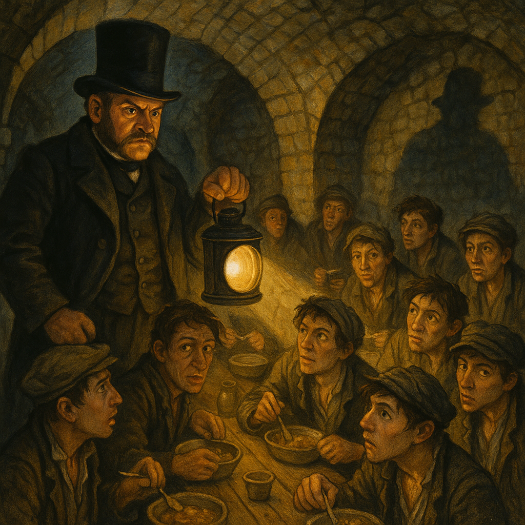 Inspector Field holds a lantern over a cellar of young thieves at Rats' Castle, in On Duty with Inspector Field.
