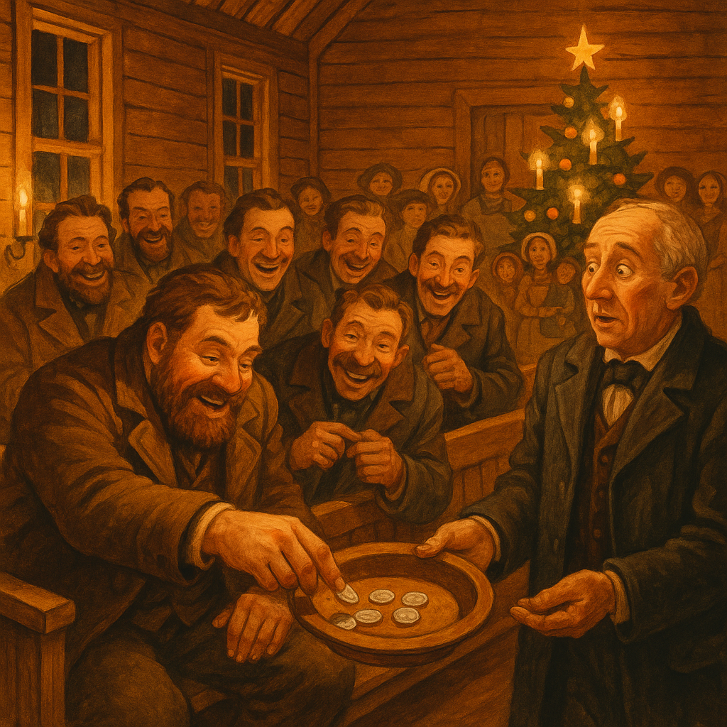 Snowbound travelers drop silver coins into a collection plate at a candlelit Kansas church in "One Christmas Eve"