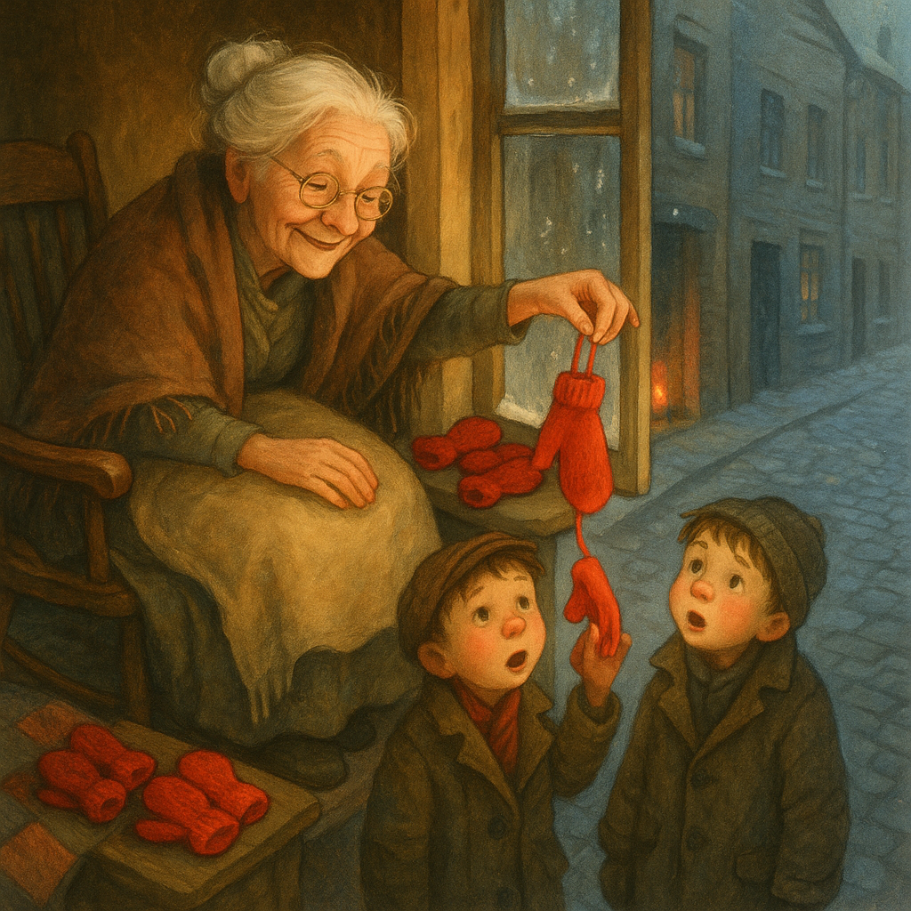 Madam Angell drops red mittens from her window to children below, in One Old Lady's Christmas.