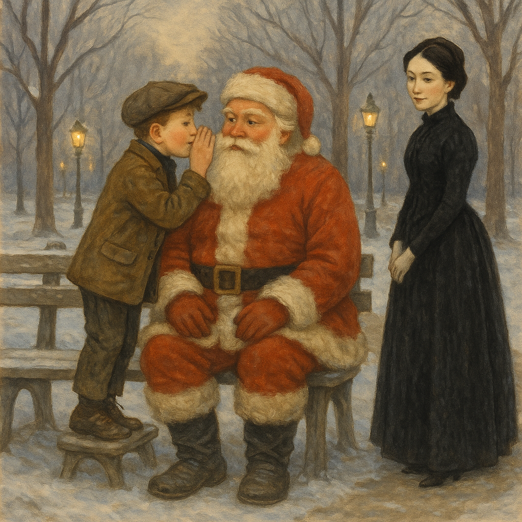 Sandy whispers a Christmas wish to Santa on a snowy park bench in "One Young Laddie's Christmas"