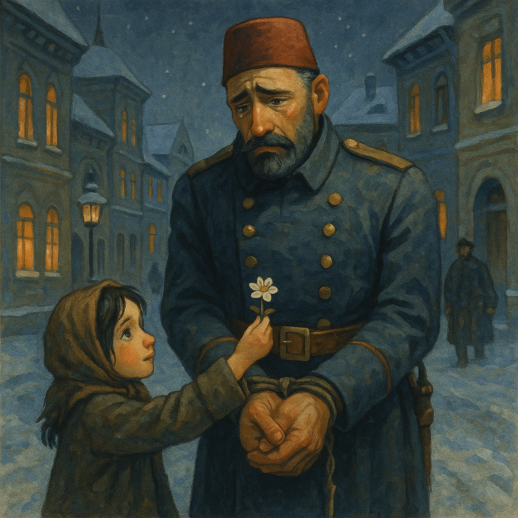 A young Romanian girl offers a flower to a defeated Ottoman commander in the snow — Osman Pasha at Bucharest