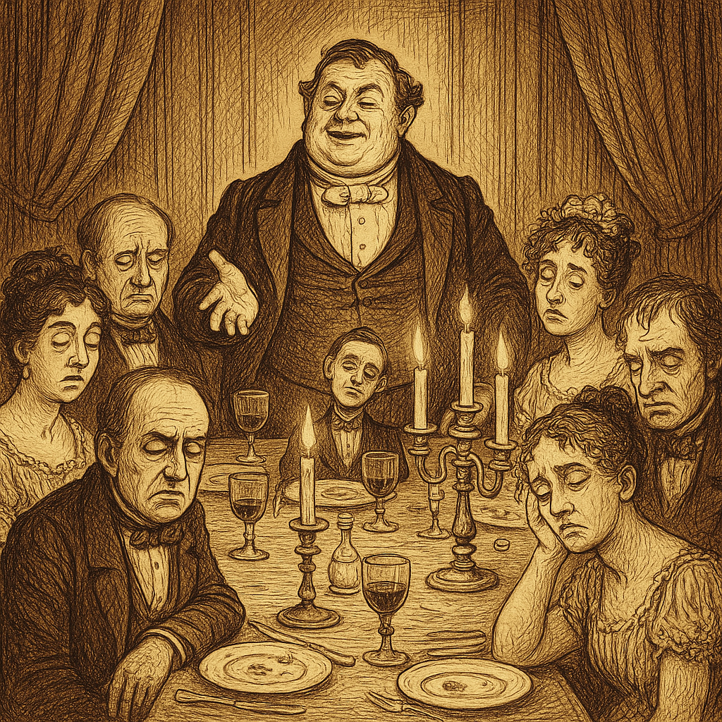 A Victorian bore holds court at a dinner party while guests around him look glazed with exhaustion, in Our Bore by Dickens.