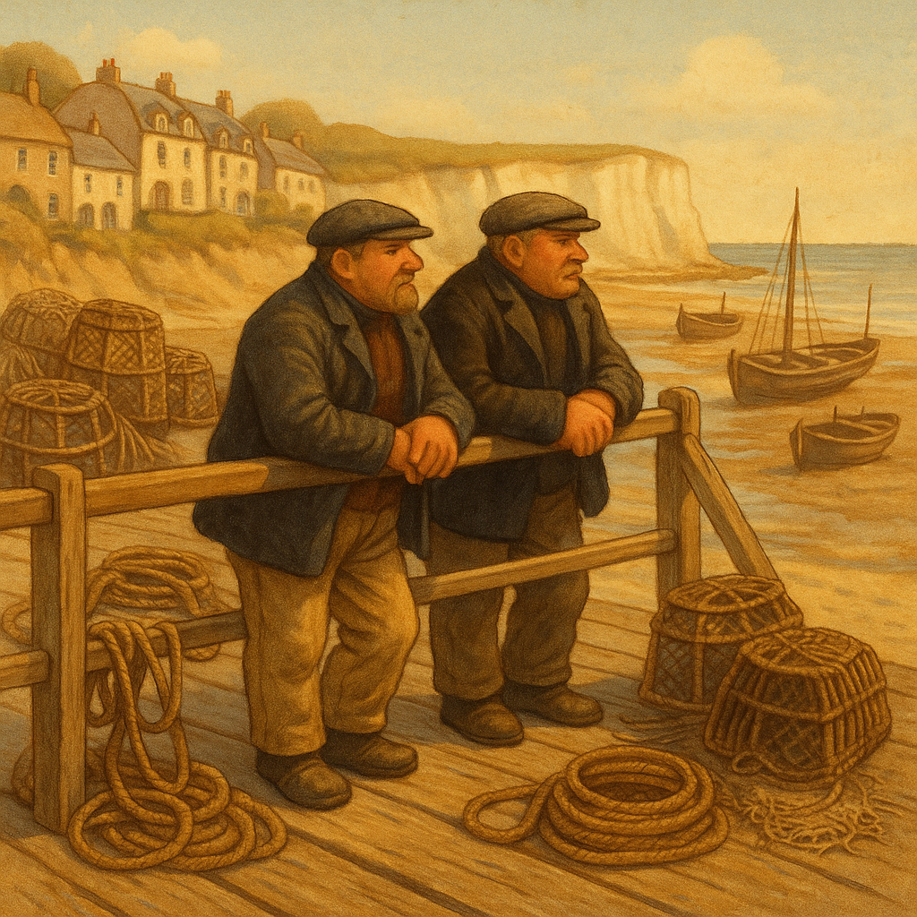 Two Victorian fishermen lean on a wooden pier in a quiet English seaside town, illustrating Our English Watering-Place.