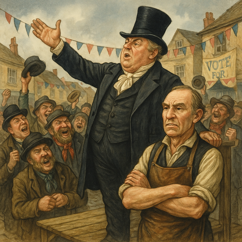 The pompous MP for Verbosity addresses his crowd as the unmoved saddler Tipkisson watches — Our Honourable Friend