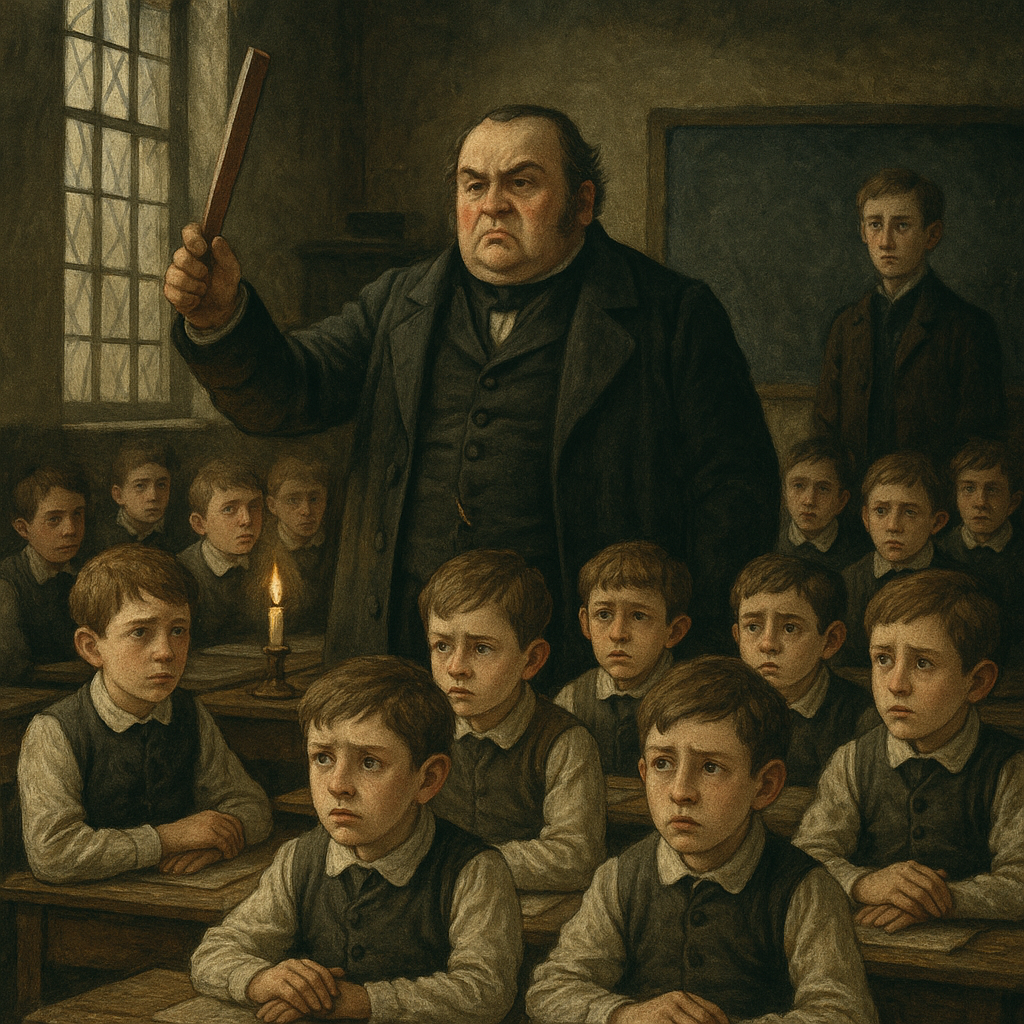A stern Victorian headmaster raises a ruler over rows of schoolboys in "Our School" by Charles Dickens.