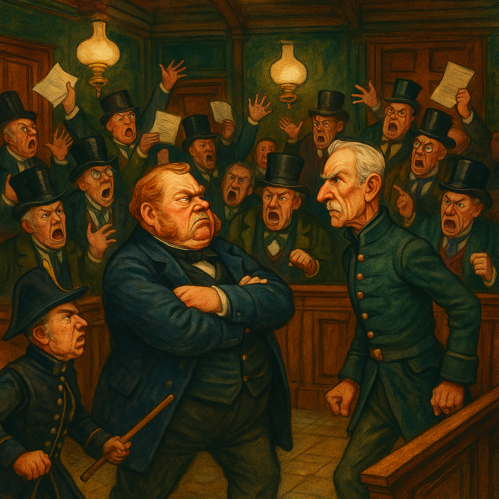Two pompous vestrymen face off in a chaotic Victorian council chamber, in Charles Dickens's "Our Vestry."
