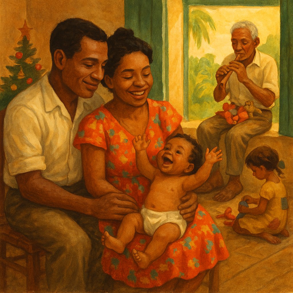 A family sits together debt-free and joyful on a post-Christmas morning, in Claude McKay's poem "Out of Debt."