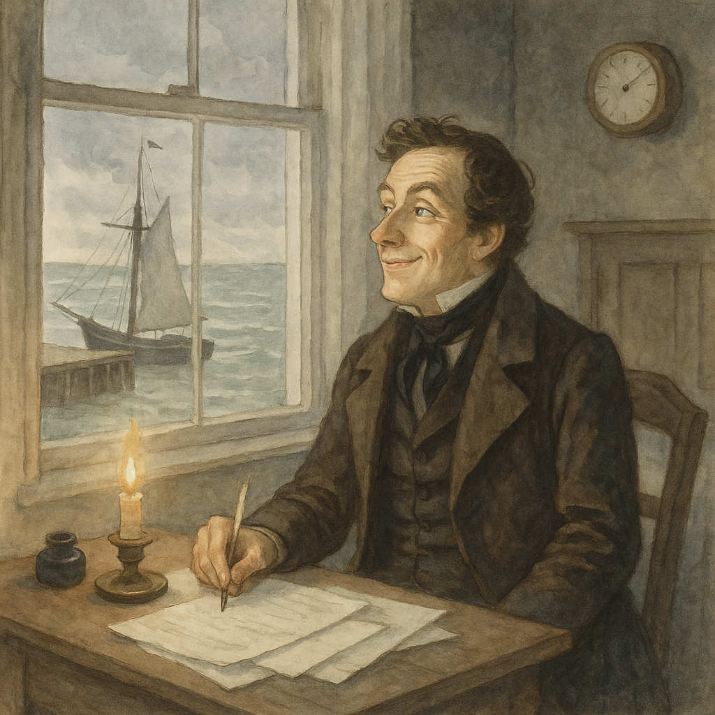 A Victorian writer gazes out at a harbour in "Out of the Season" by Charles Dickens, quill pen abandoned on his desk.