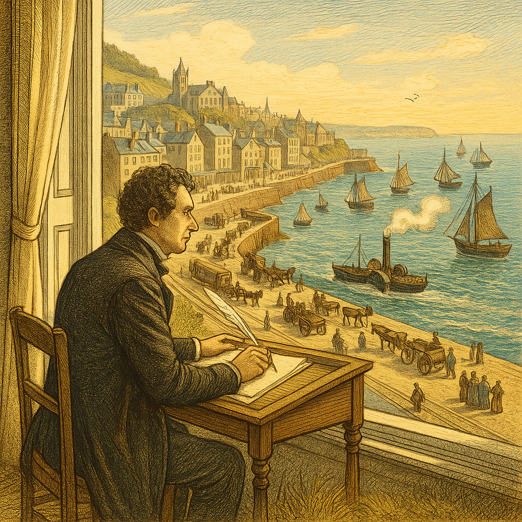 A Victorian writer gazes from a cliff-top window over a bustling seaside harbour, illustrating Dickens' "Out of Town."