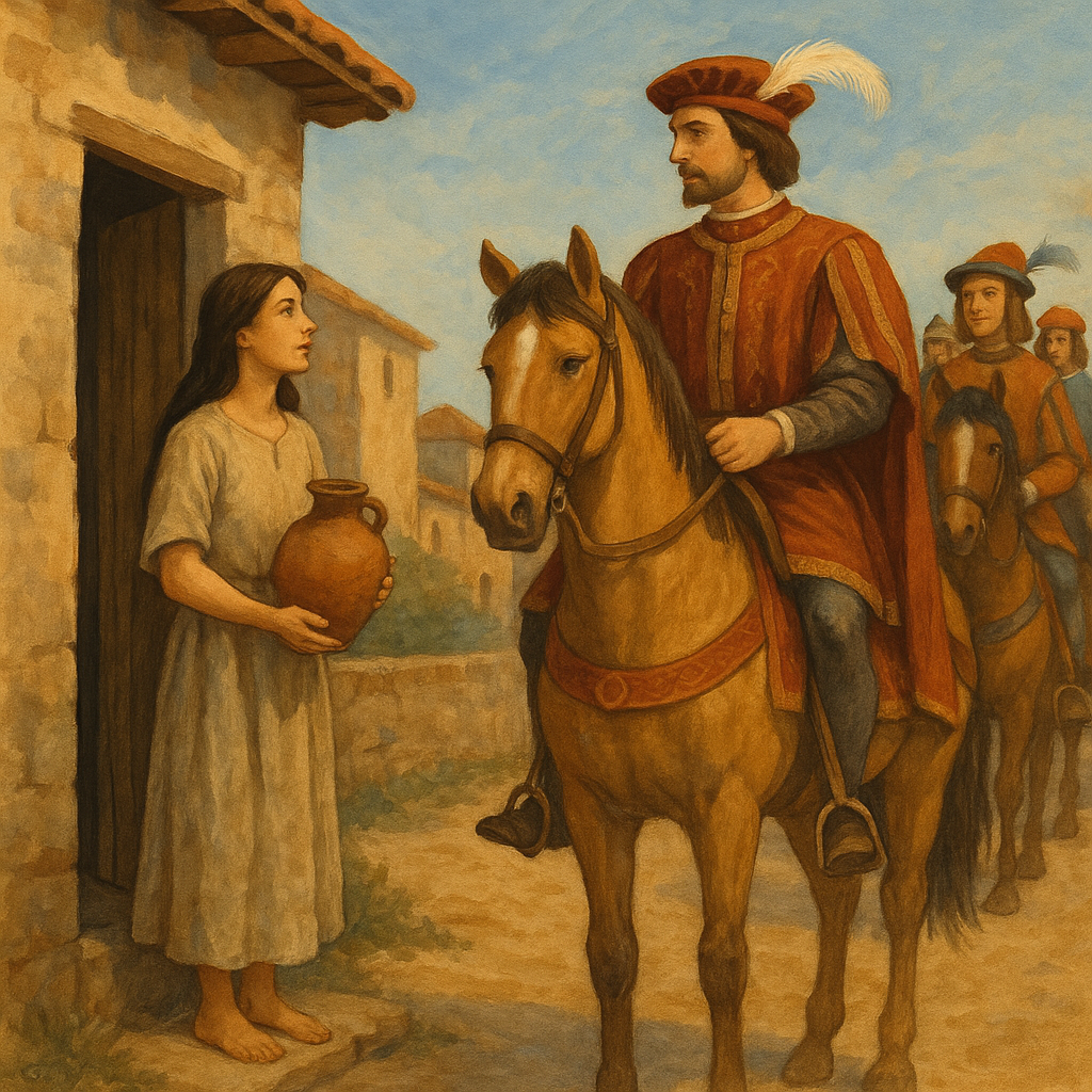 Griselda stands barefoot at her cottage door holding a water pot as the Marquis Walter arrives on horseback in Patient Griselda.