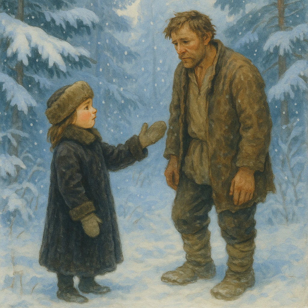A young girl in a fur coat helping a lost man in a snowy forest, from Paulina's Christmas