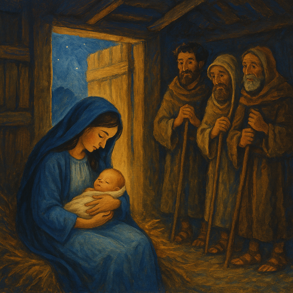 The Virgin Mary cradles her newborn in a humble stable as shepherds look on — scene from "Peace on Earth"