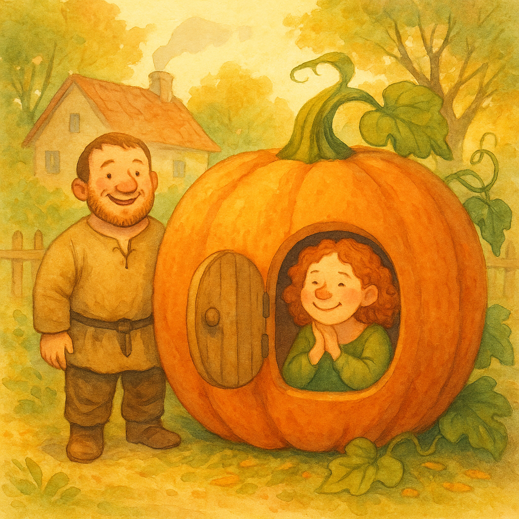 Peter standing beside a giant pumpkin home with his wife inside, from Peter, Peter, Pumpkin Eater