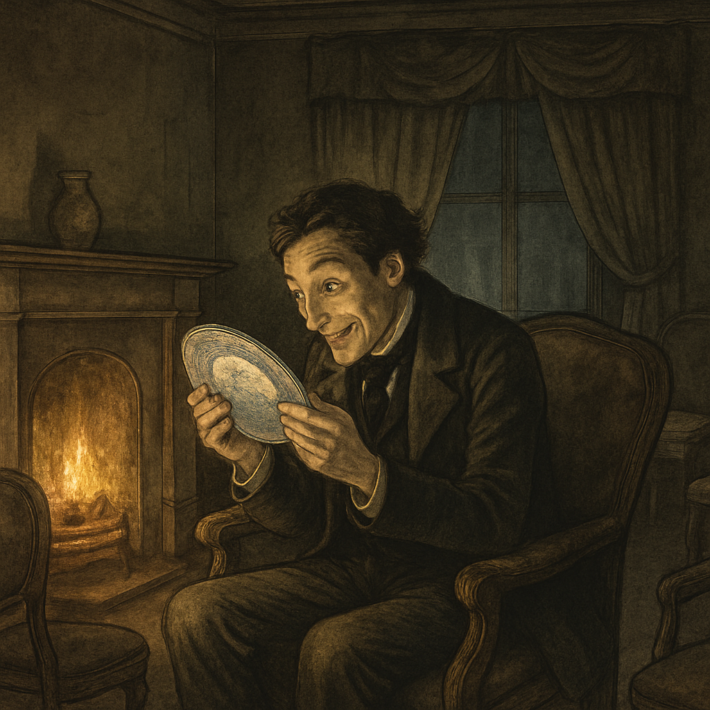 A Victorian man examines a blue-and-white dinner plate by firelight in a gloomy inn, in Plated Article by Dickens.