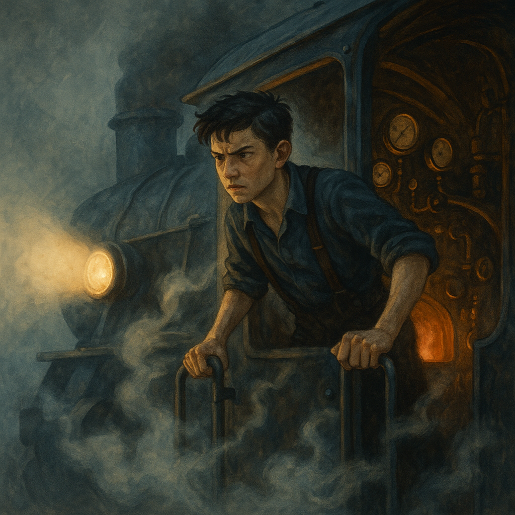A teenage boy at the controls of a runaway steam locomotive in thick fog — a scene from President for One Hour.