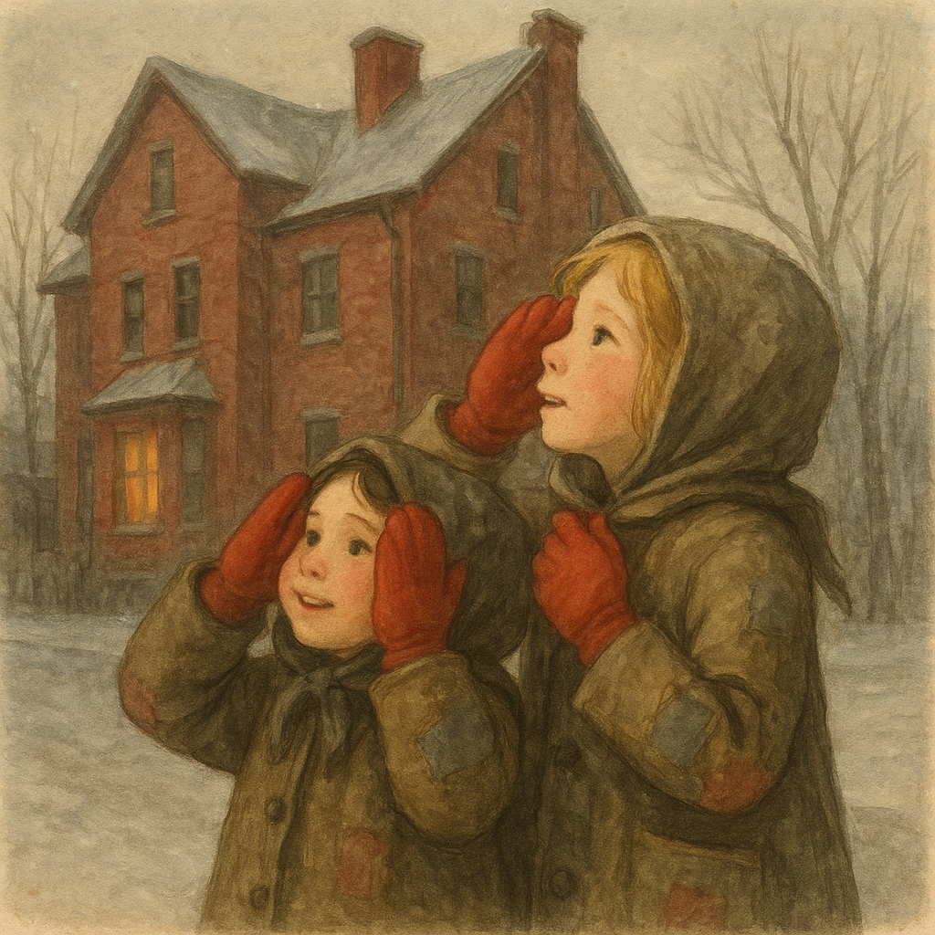Two sisters in red mittens look up at a red-brick house on a snowy street, in Primrose and Periwinkle.