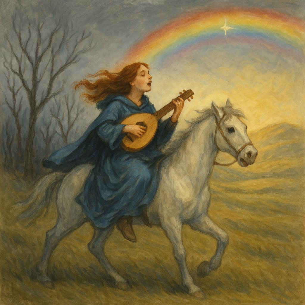 A woman on horseback singing beneath a rainbow and a bright star, illustrating the poem Promise by Ada Jackson.