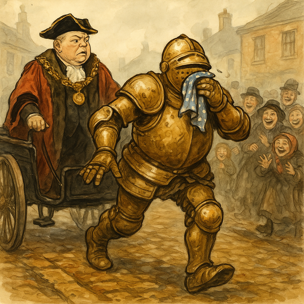 Nicholas Tulrumble watches in horror as a drunken Ned Twigger staggers in brass armour in Mudfog — an illustration for the story.