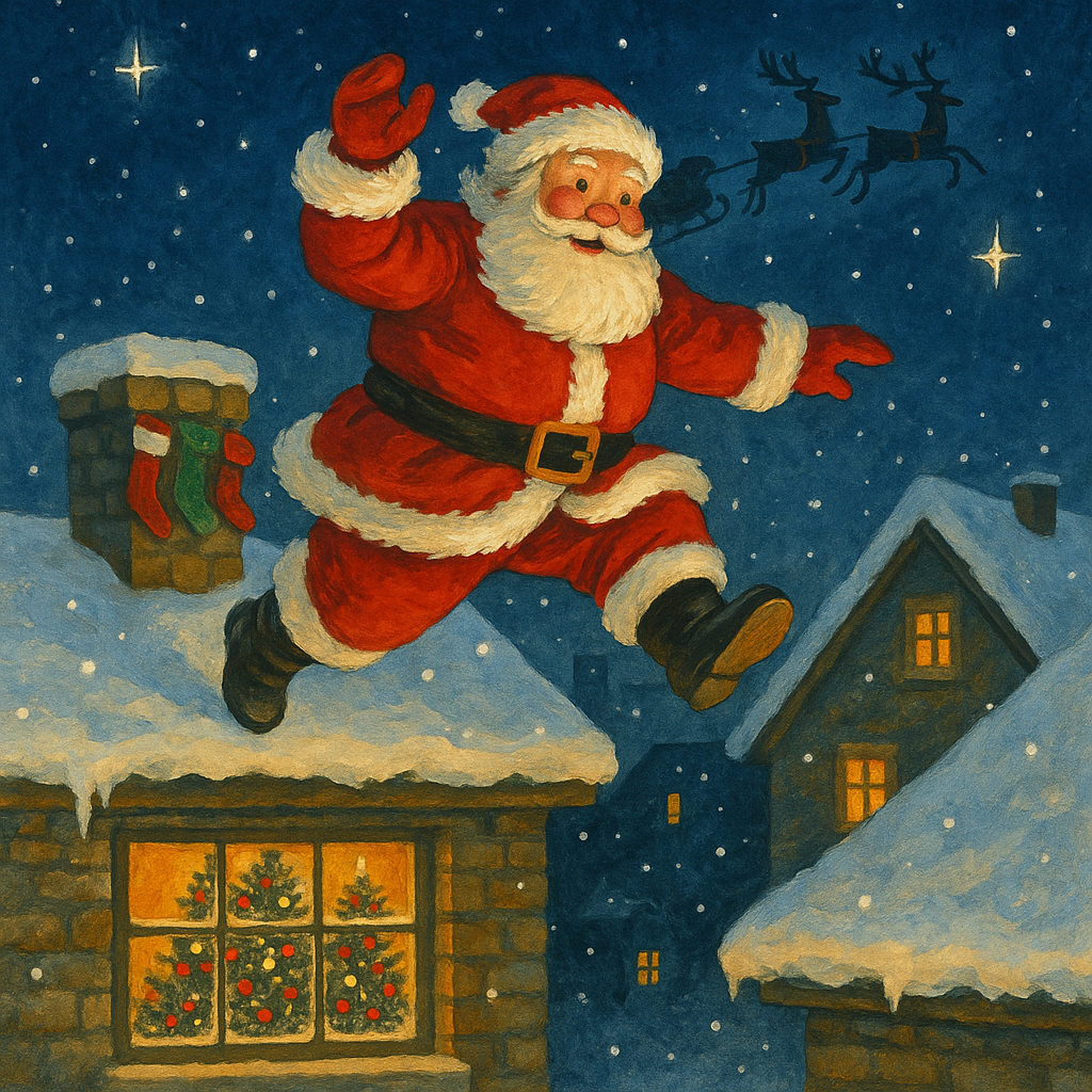 Santa Claus leaping across snowy rooftops at night, as depicted in Recipe for a Christmas Poem.