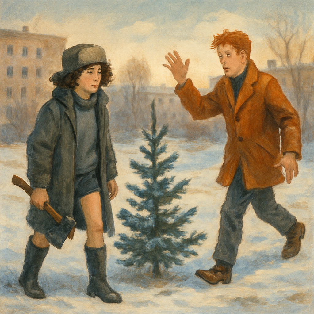 Regina stands in the snow gripping an axe beside the small fir tree as David approaches, in Regina's Christmas Tree