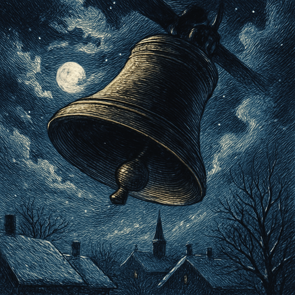 A church bell ringing against a frosty winter night sky, illustrating Ring Out Wild Bells by Tennyson.