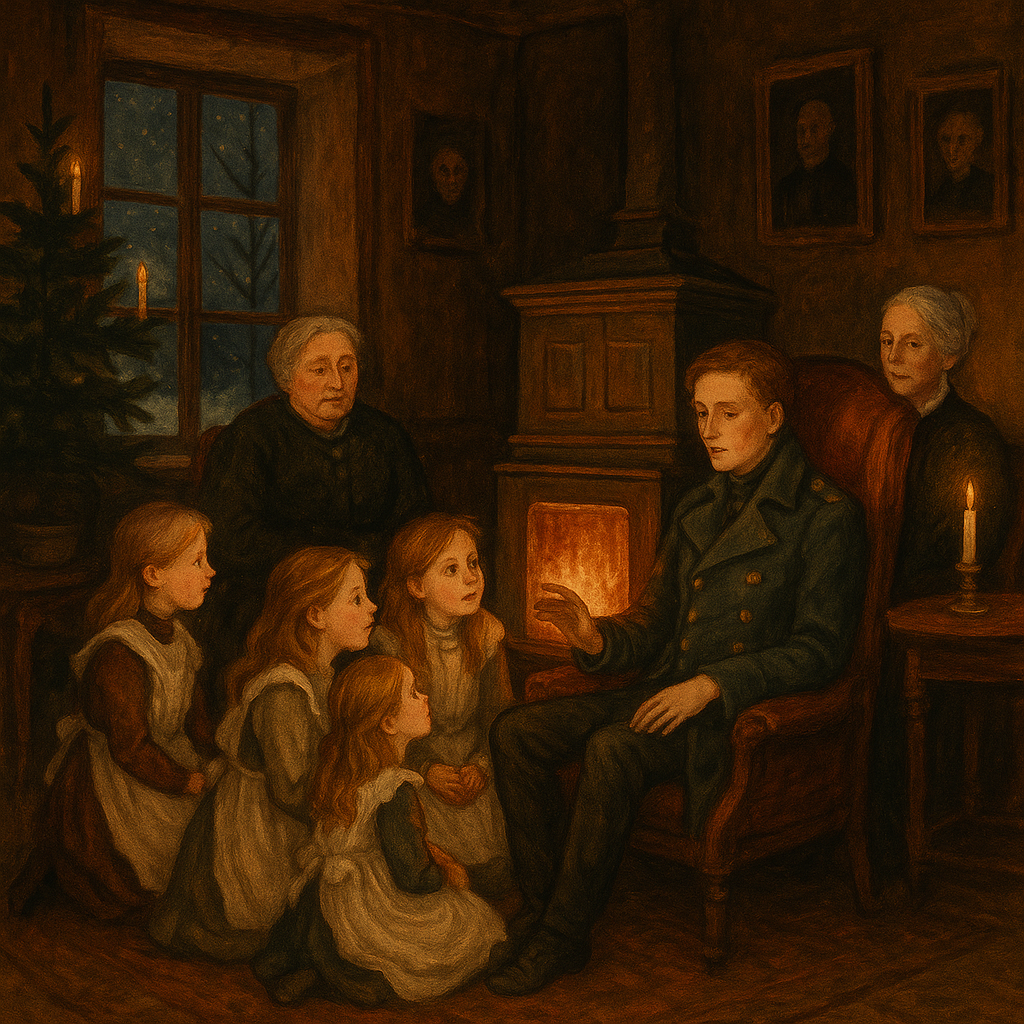 A young officer tells Christmas folk tales to children by the firelight in a Norwegian parlour, in Round the Yule-Log.