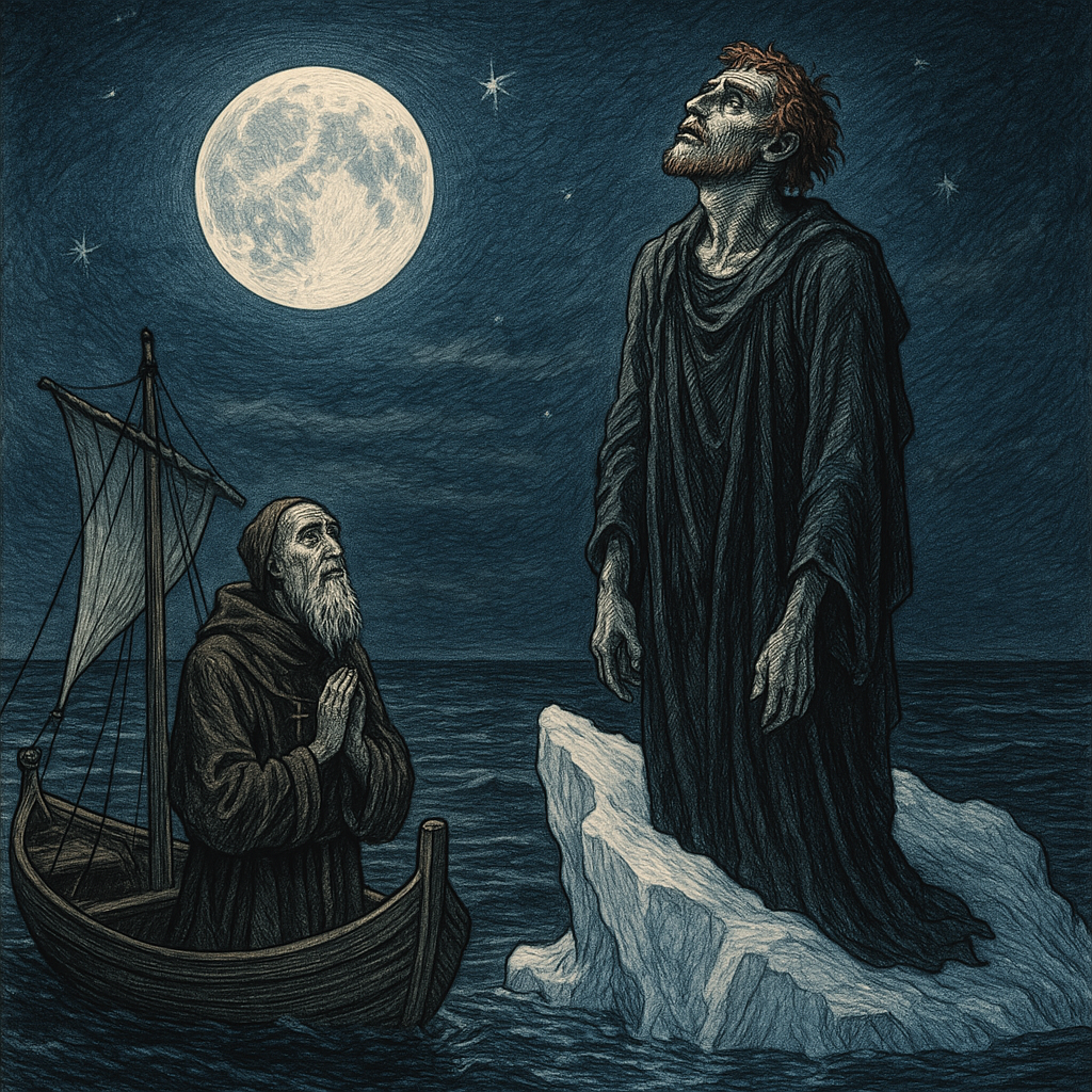 Saint Brandan gazes in awe at Judas on a moonlit iceberg, a scene from Matthew Arnold's poem Saint Brandan.
