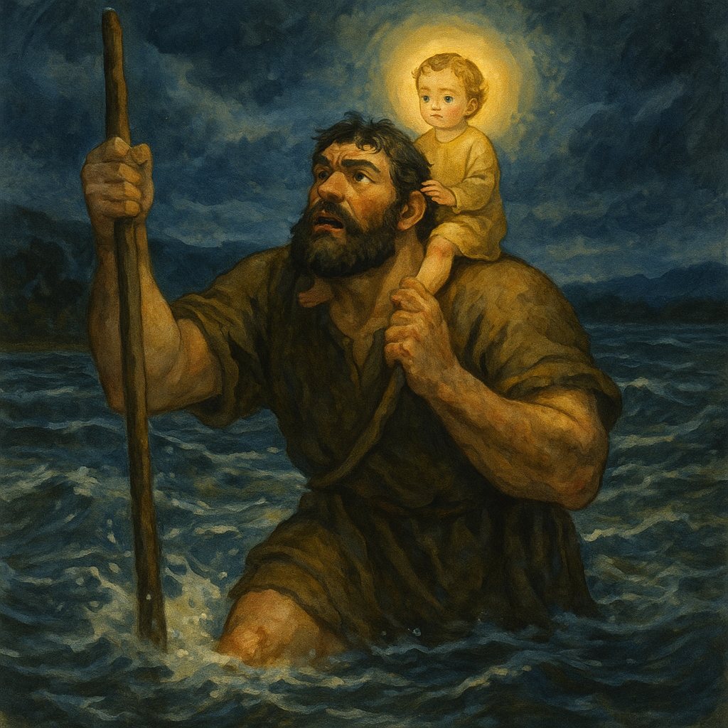 The giant Christopher carries the Christ Child across a surging river — an illustration from the legend of Saint Christopher.