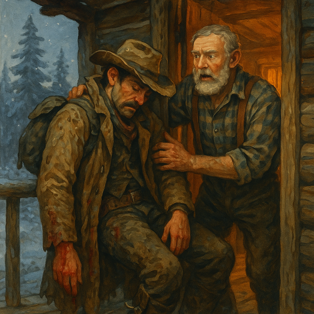 Dick Bullen collapses wounded at the cabin doorpost at dawn, in Santa Claus at Simpson's Bar