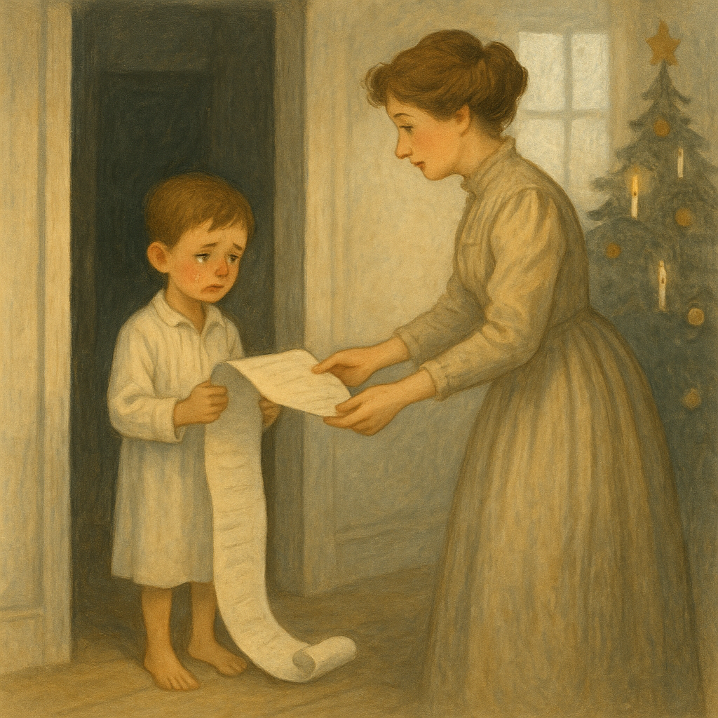 A tearful boy hands his mother a long list on Christmas morning, in an illustration from Santa Claus Does Not Forget.