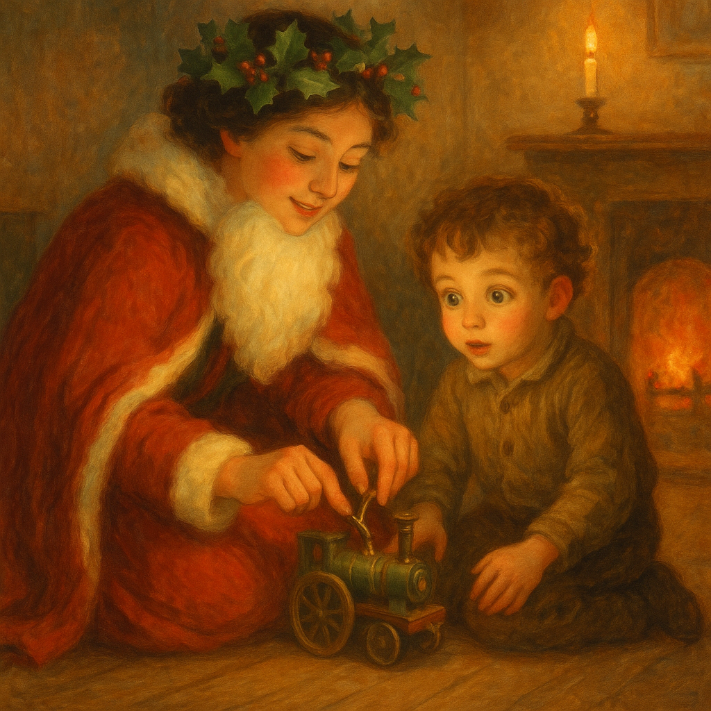 En ung kvinde klædt ud som julemanden knæler ved siden af en lille dreng med krøllet hår i Santa Claus Family.