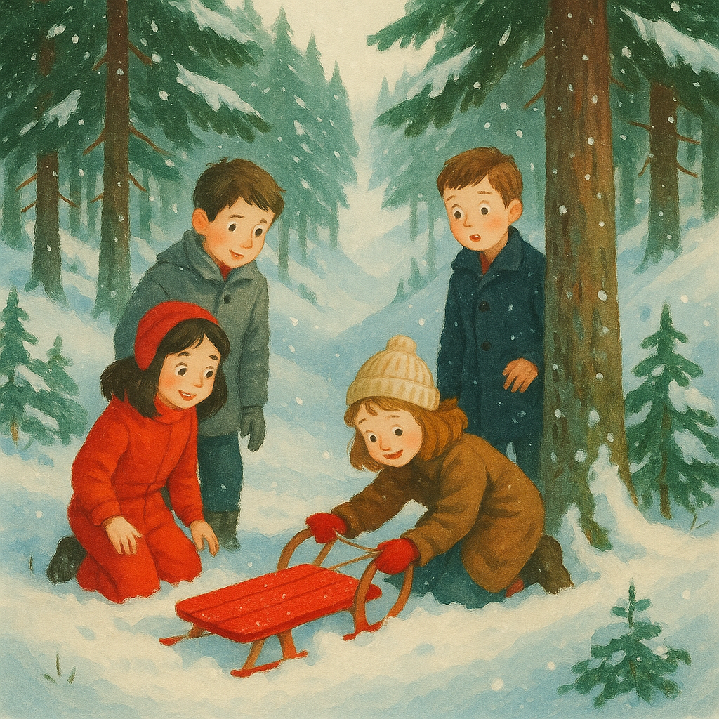 Four children discover gifts hidden in the snow on Santa Claus' Pathway in the Christmas story by Julia W. Miner.