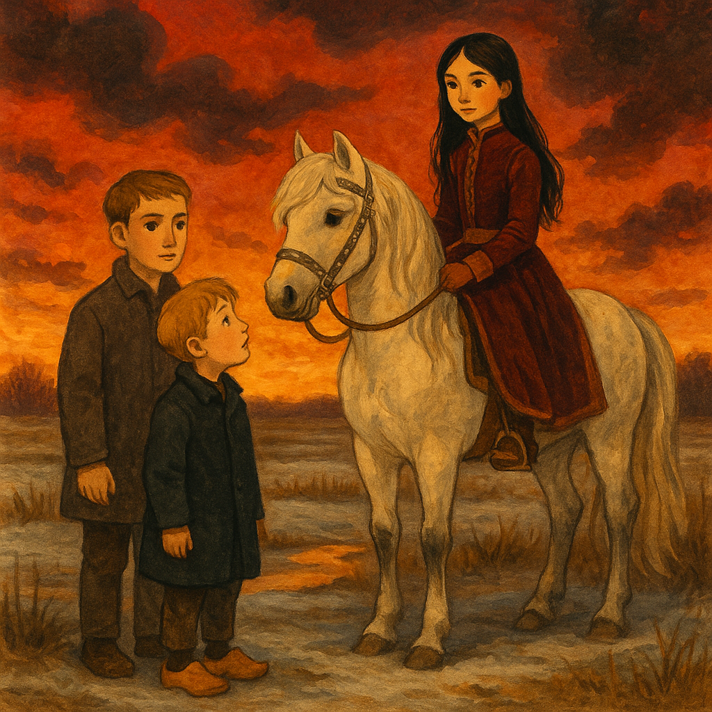 Two Flemish brothers meet a girl on a white pony at a frozen marsh at sunset, in Santa Claus' Pony.