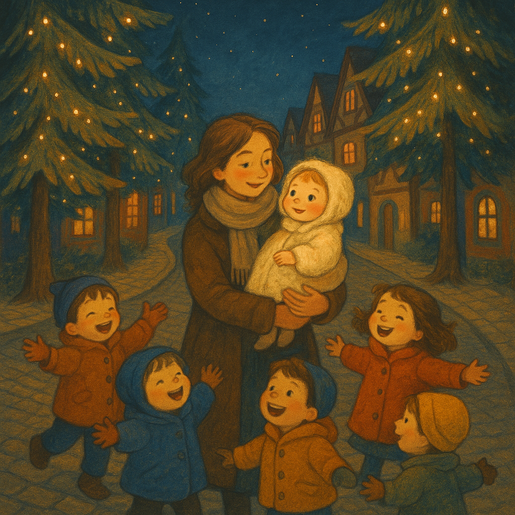 A mother carrying her baby along glowing Santa Claus Street in Jingletown, surrounded by twinkling evergreen trees.