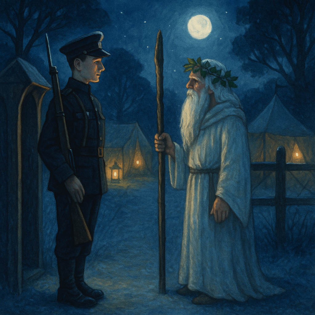 A sentry challenges a mysterious white-robed Santa Claus figure by moonlight in Banjo Paterson's poem Santa Claus.