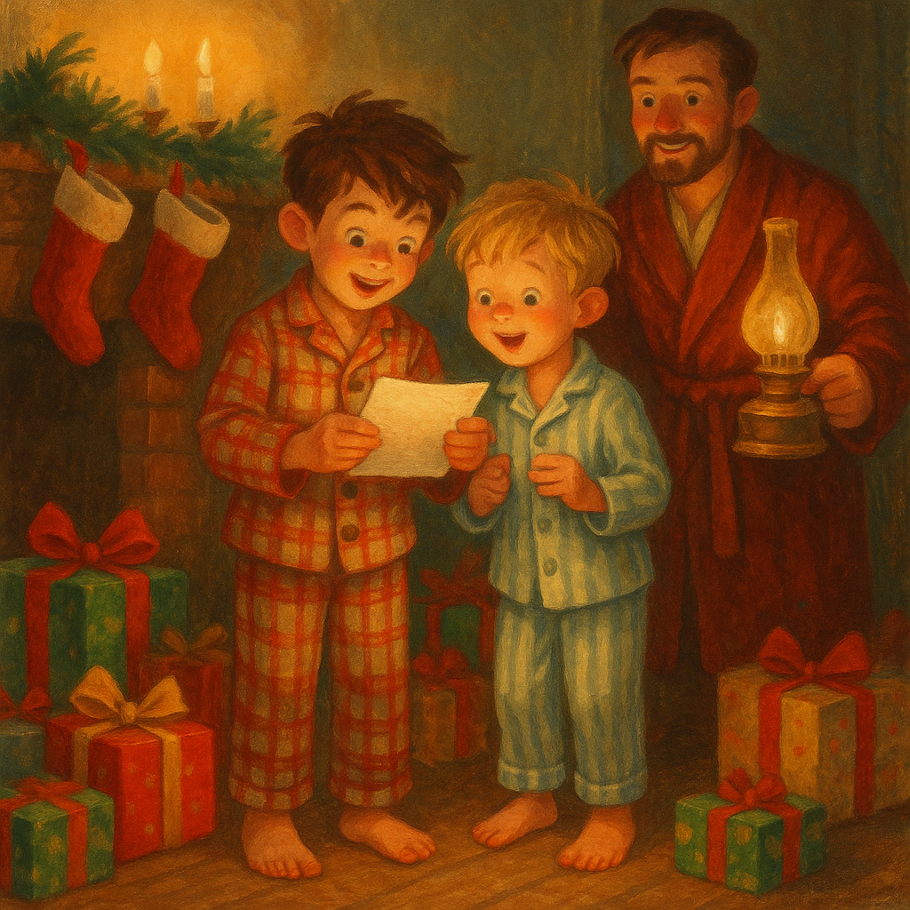 Two brothers read Santa's letter on Christmas morning, surrounded by gifts, in Santa Claus's Letter.
