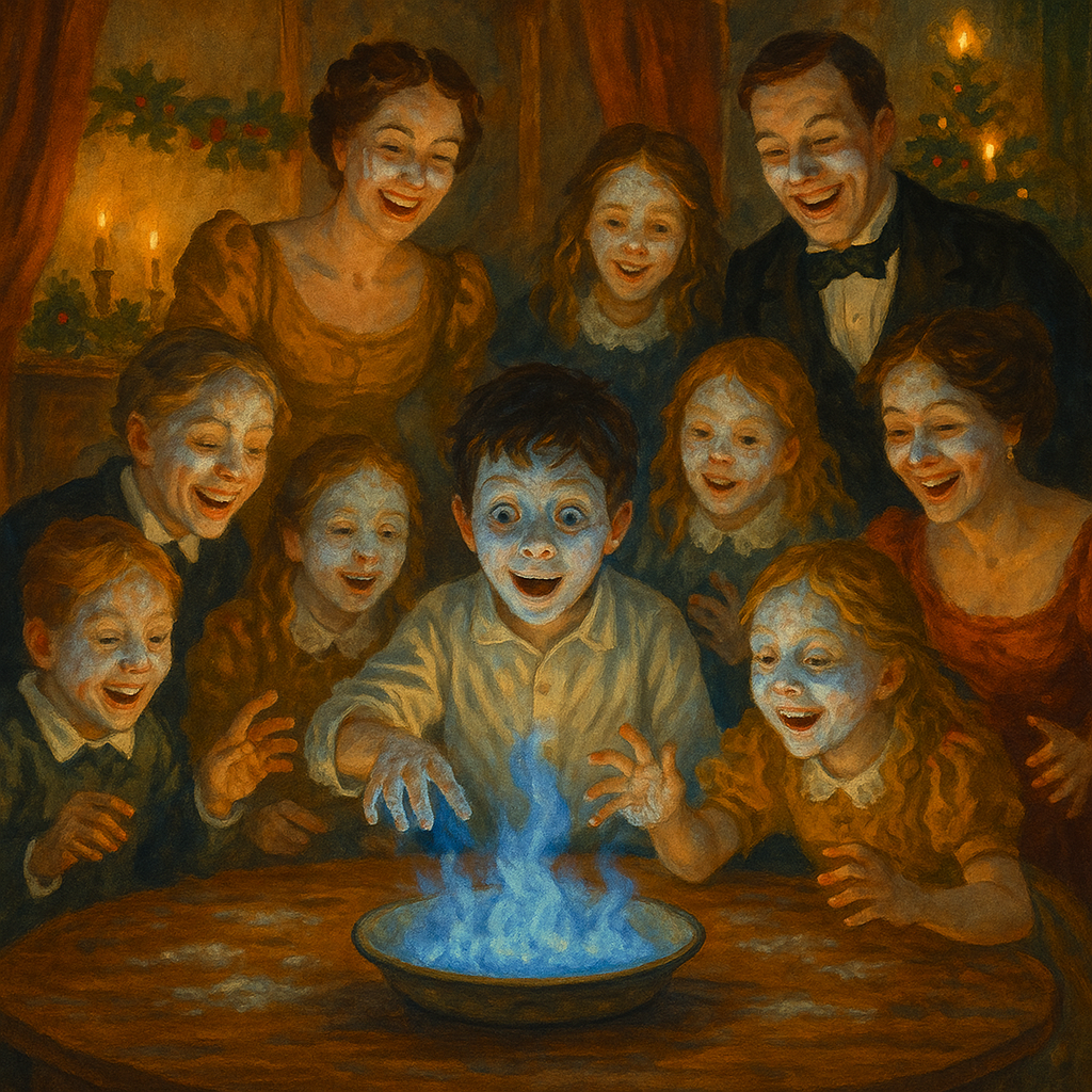 Children and adults play snapdragon by brandy-blue firelight in a Victorian Christmas scene from Seasonable Festivities.
