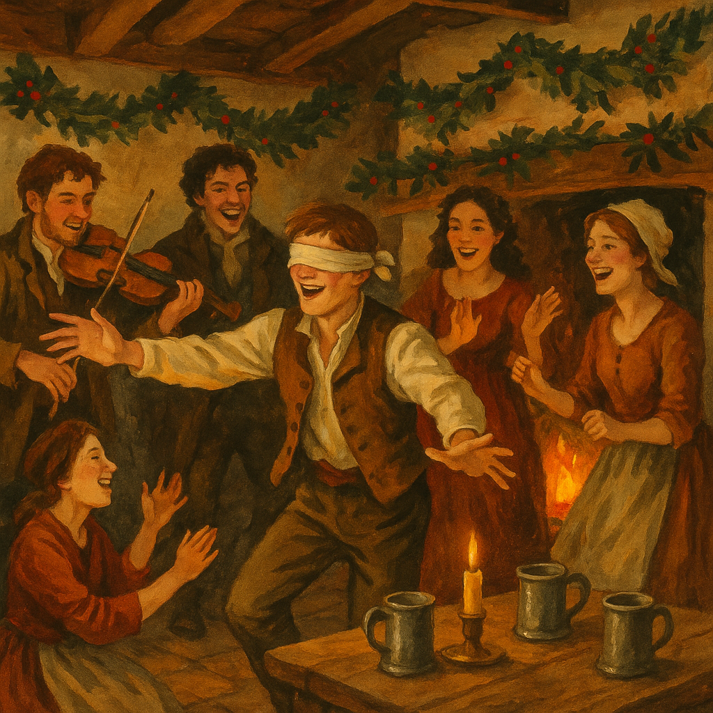 Merry country Christmas gathering with fiddle and blind-man's buff, illustrating Signs of the Season by William Barnes.