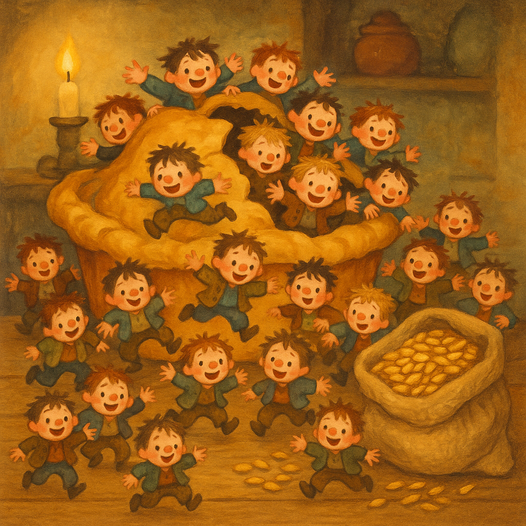 Tiny mischievous boys tumbling out of a giant pie in a cosy kitchen — Sing a Song of Sixpence nursery rhyme