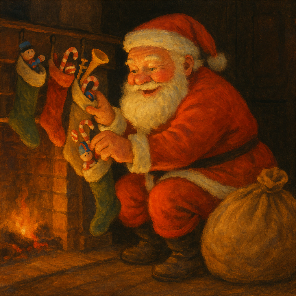 Santa stuffing stockings by firelight in a cozy room, from the Christmas poem Sly Santa Claus