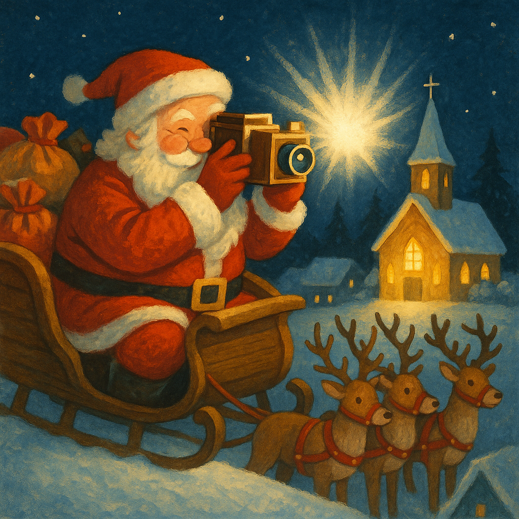 Santa Claus photographing a snowy village church from his sleigh in "Snap-shots by Santa Claus"
