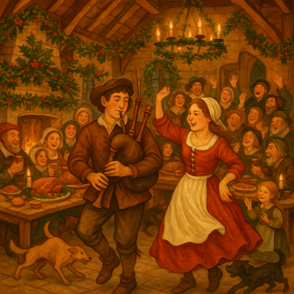 A festive village hall scene from So, Now Is Come Our Joyfulst Feast, with dancing, feasting, and music.