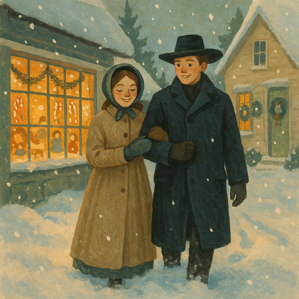 A young couple walks arm in arm through snowy village streets in "Speakin' O' Christmas" by Paul Laurence Dunbar.