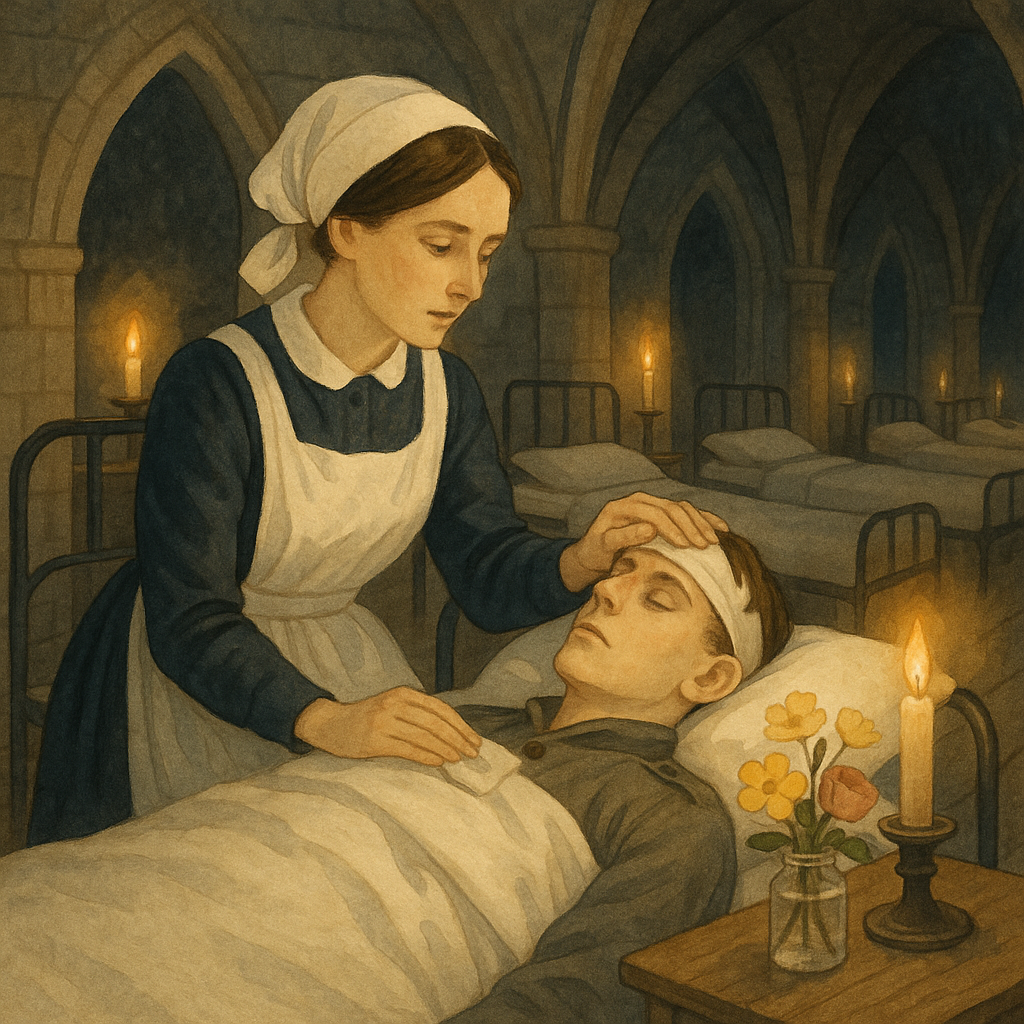 Huldah Root tends a wounded soldier in a church hospital ward in "Stand and Wait" by Edward Everett Hale.