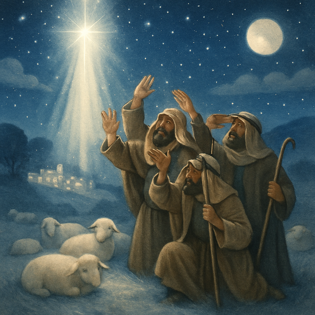 Shepherds shielding their eyes from a burst of heavenly light on a moonlit hillside — That First, Best Christmas Night
